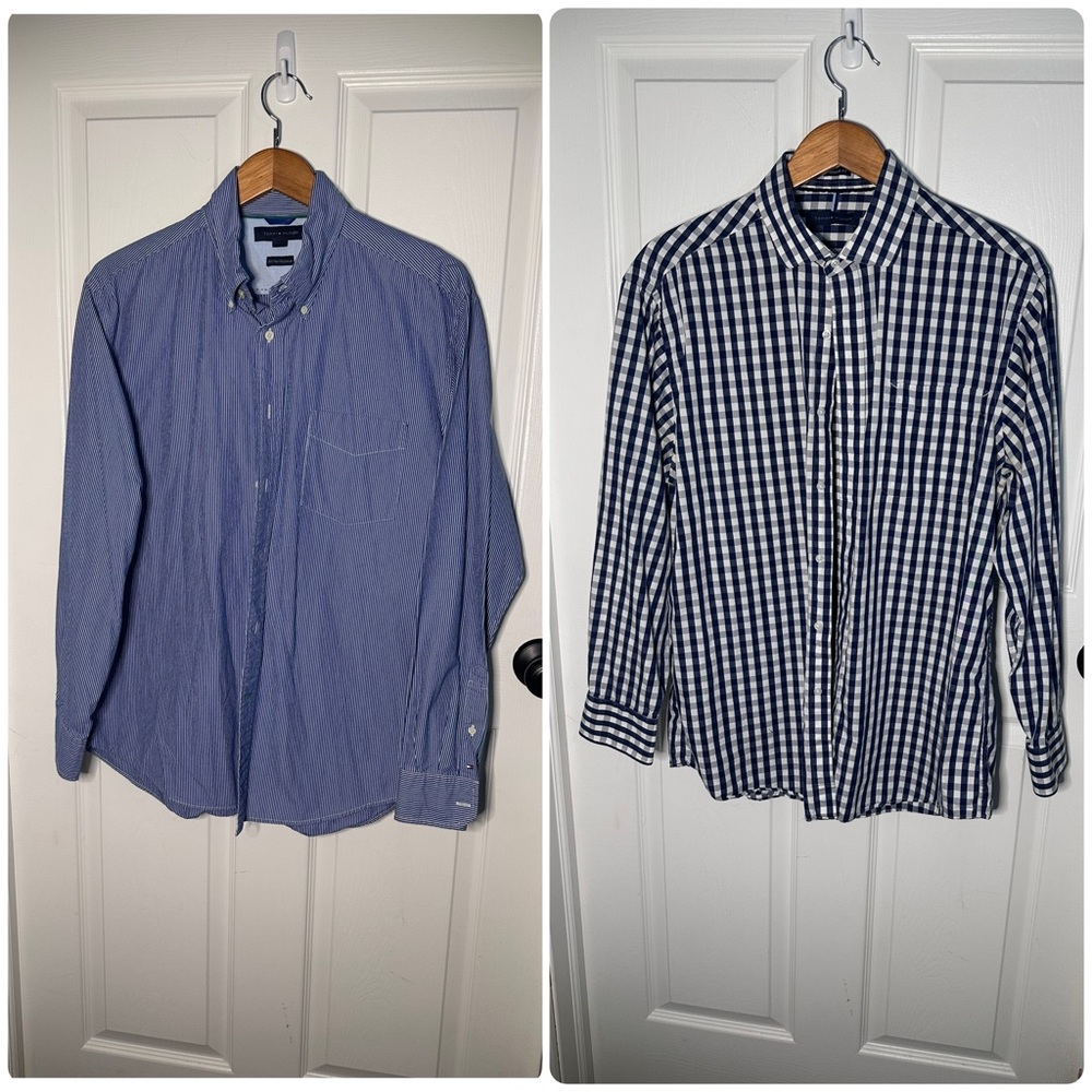 Tommy Hilfiger Mens Button Down Shirt Bundle L Gingham‎ Blue Stripe 2 Pack